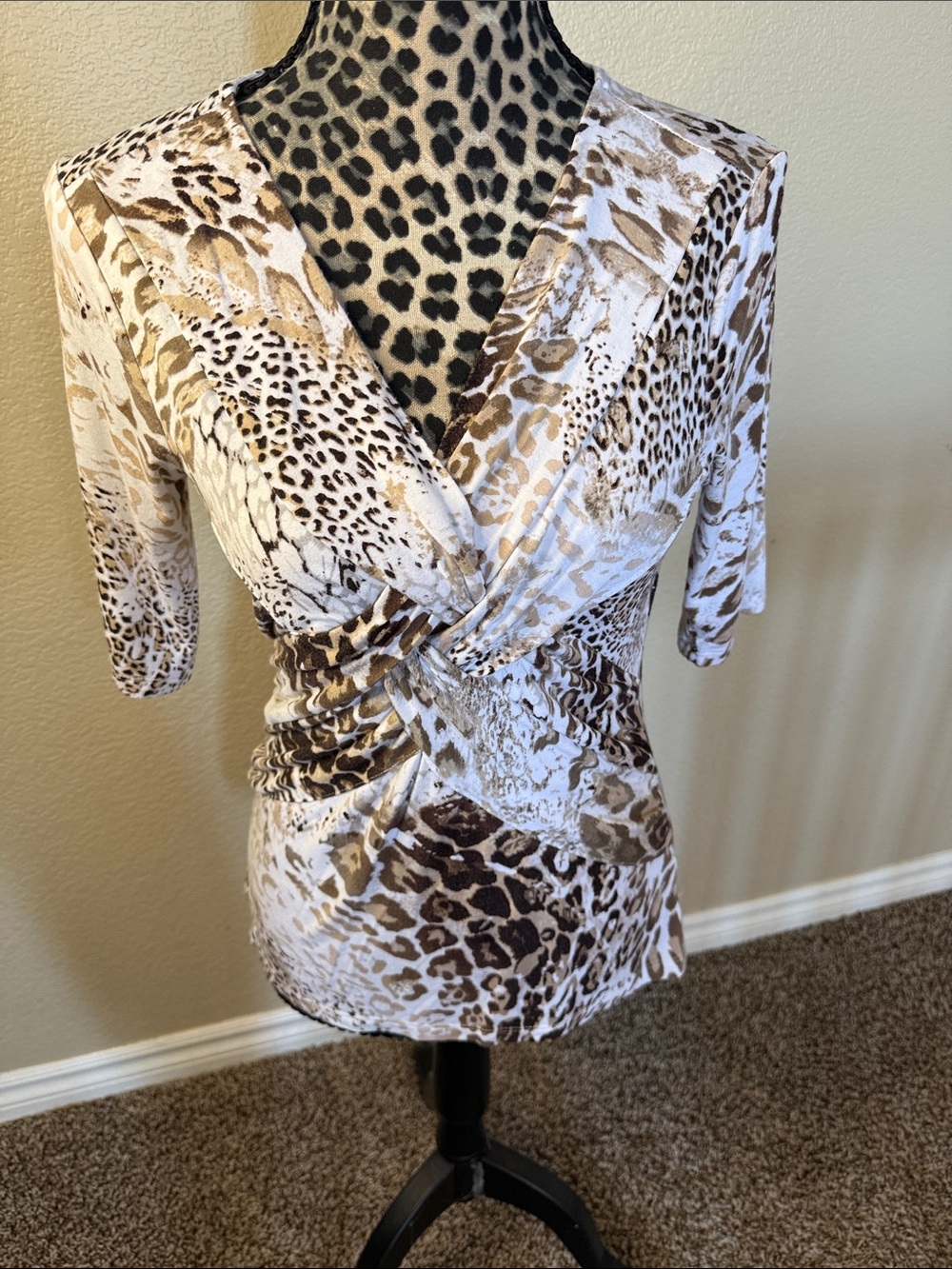 Cable & Gauge Beige and Brown Animal Print  V-Neck top